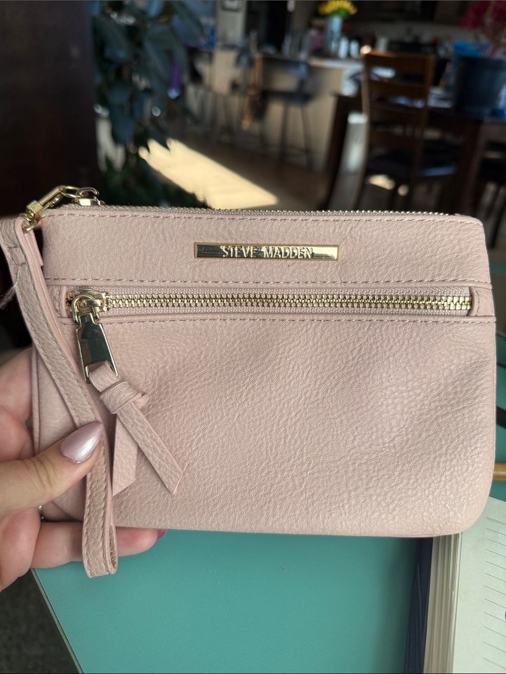 Steve Madden Blush Pink Wristlet leather purse clutch gold trim wallet